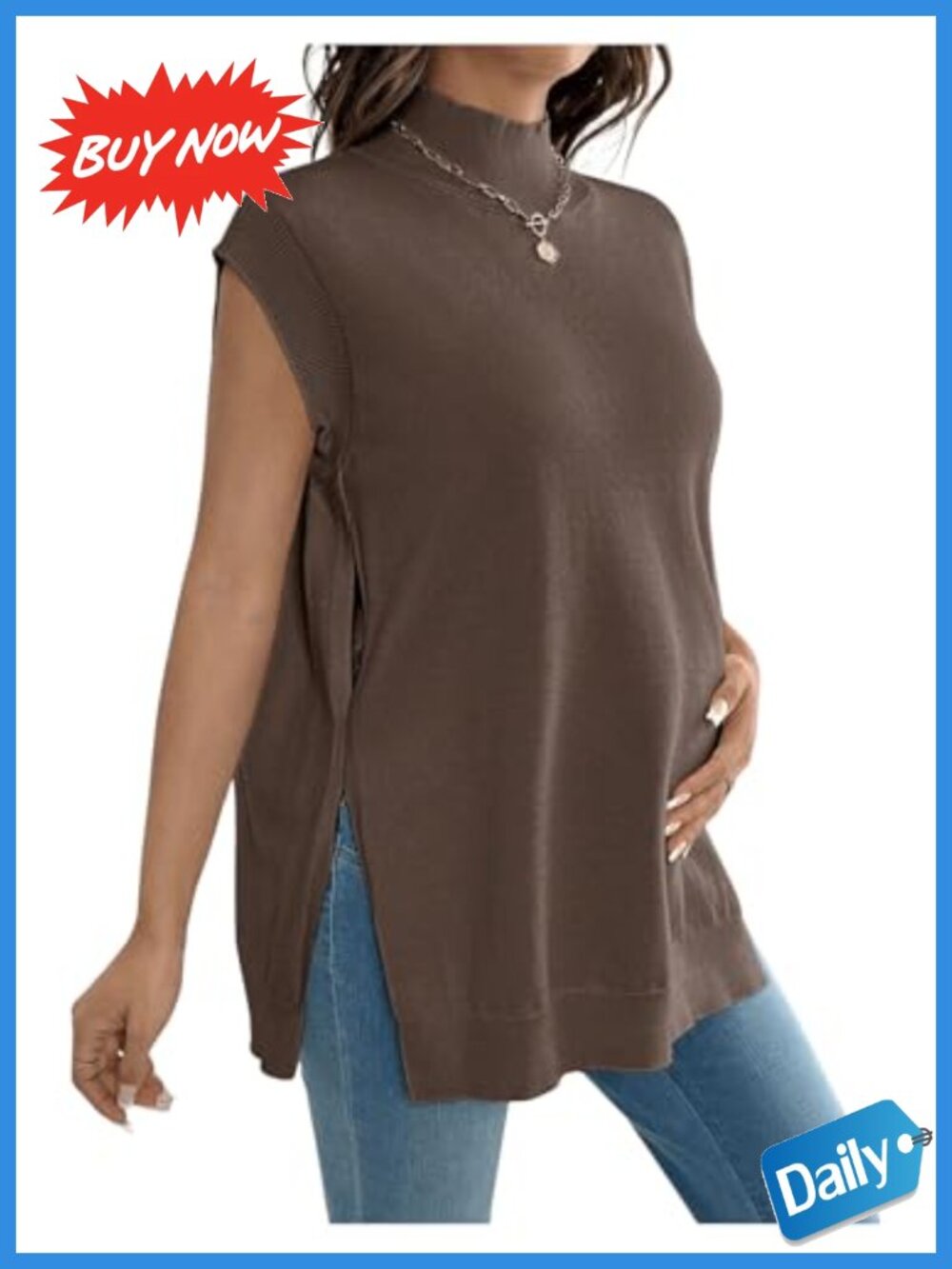 Maternity Mock Neck Sweater Vest Knit Loose Fit Fall Top